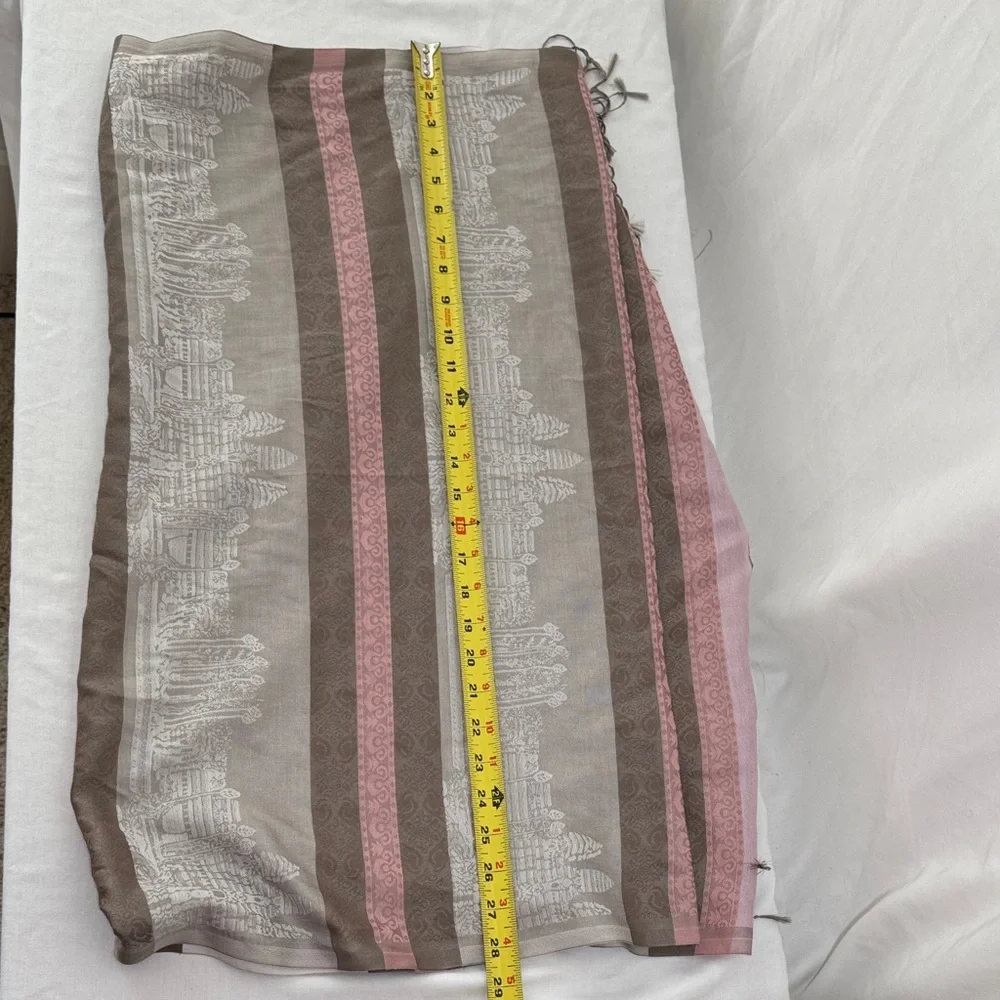 Elegant Pink and Brown Silk Striped Scarf with Angkor Wat Motif.